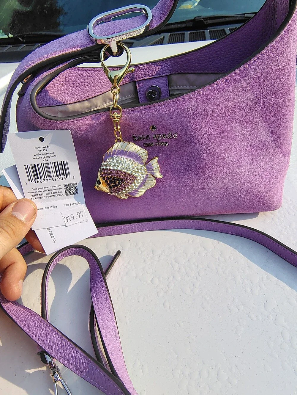 kate spade lavender suede shoulder bag with crystal fish charm